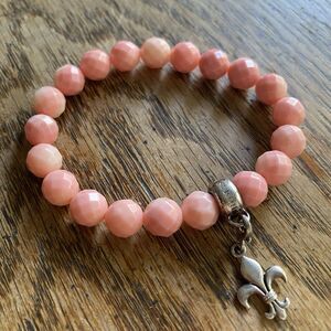 Thomas Sabo Beaded  Bracelet Coral Pink With Fleur-De-Lis Sterling Silver Charm